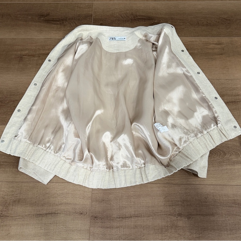 ZARA Linen Blend Bomber Jacket w/ Pockets Light Beige S/M Oversized Bloggers Fav - Picture 5 of 14